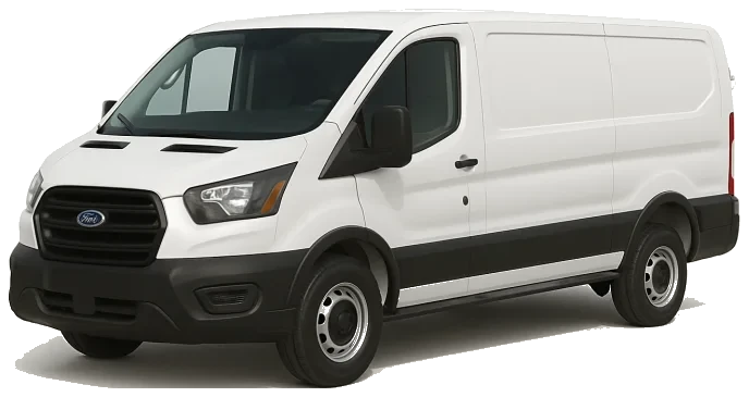 White Ford Transit low-roof extended-length cargo van available to rent in Atlanta